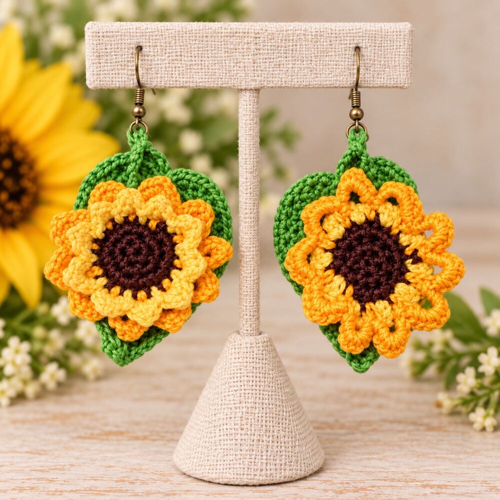 Vintage Crochet Sunflower Earrings Handmade Floral Boho Drop Earrings 3"